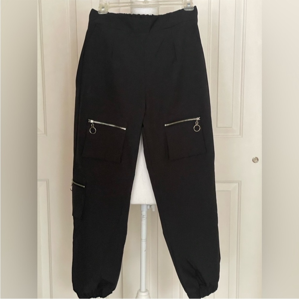 ZAFUL Cargo Jogger Lightweight Pants Black High Waist Silver Zippered Pockets L